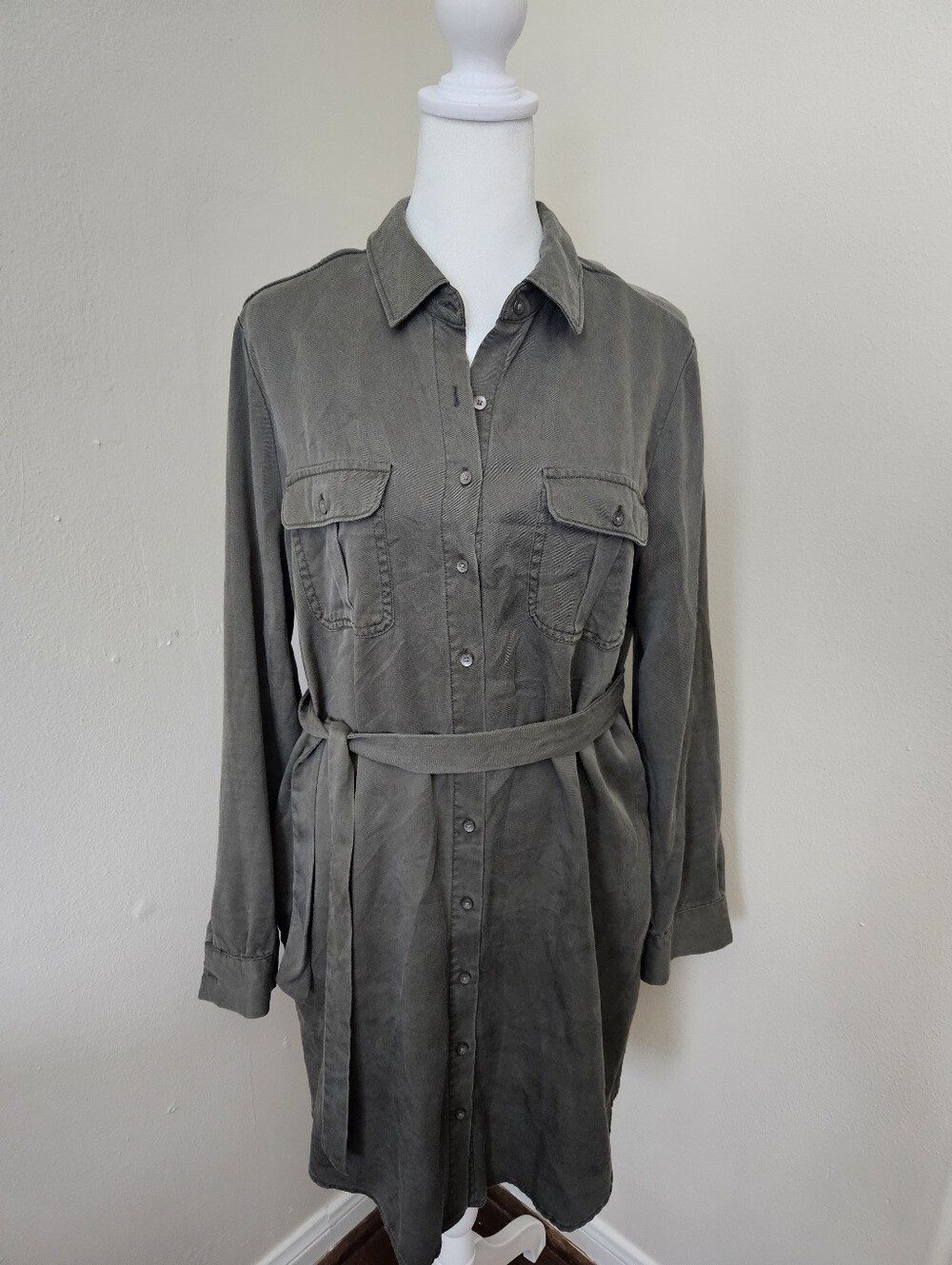 Daily Ritual Olive Green Utility Button Down Belted Shirt Dress Size 10"